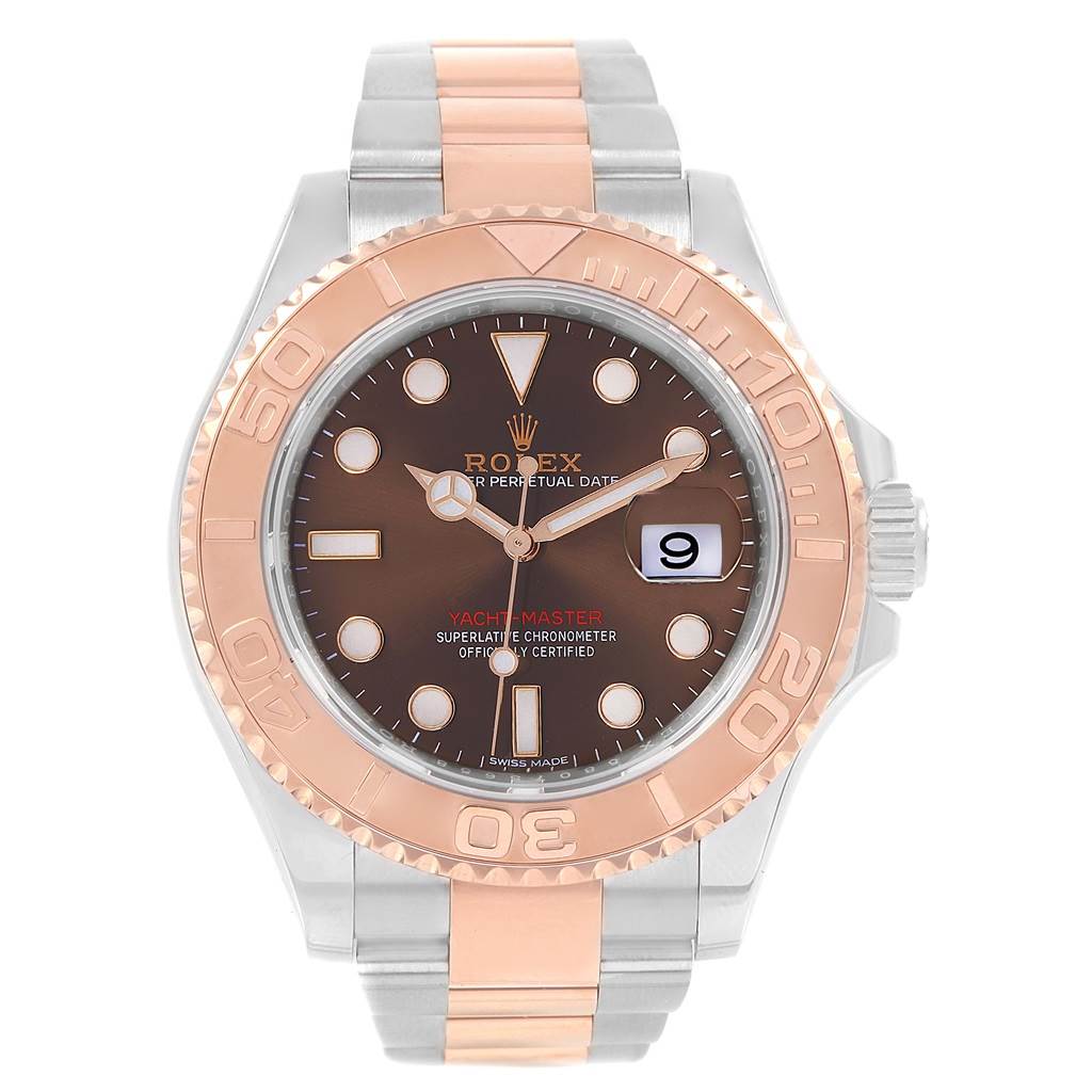 The image shows a Rolex Yacht-Master 116621 Men's Stainless Steel Brown Dial 116621 Men's Stainless Steel Brown Dial watch from a front angle, displaying the bezel, dial, hands, and part of the bracelet.