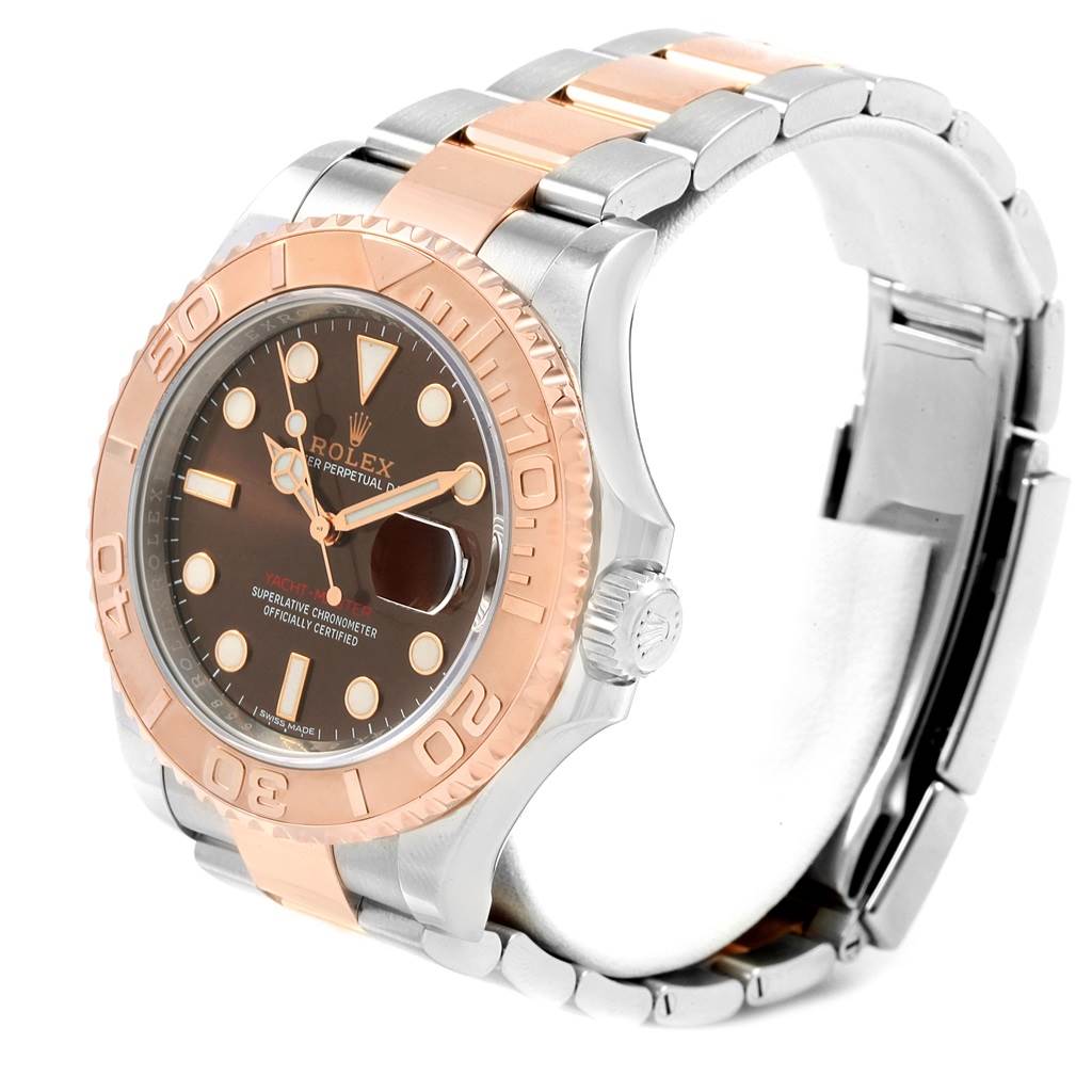 The image shows a side view of a Rolex Yacht-Master 116621 Men's Stainless Steel Brown Dial 116621 Men's Stainless Steel Brown Dial watch, highlighting its dial, bezel, and bracelet.