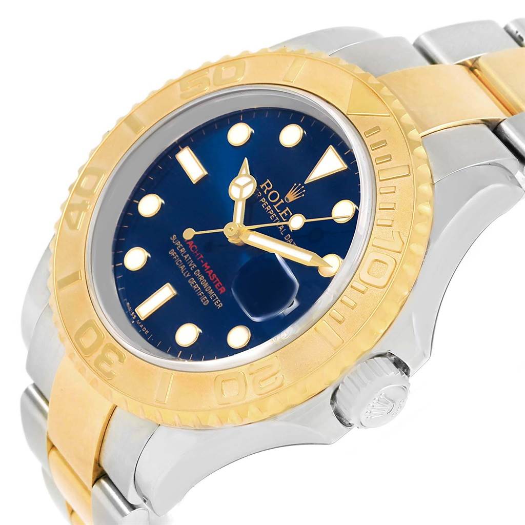 This image shows a close-up angle of the Rolex Yacht-Master 16623 Men's Stainless Steel Blue Dial 16623 Men's Stainless Steel Blue Dial watch, focusing on its dial, bezel, and part of the bracelet.