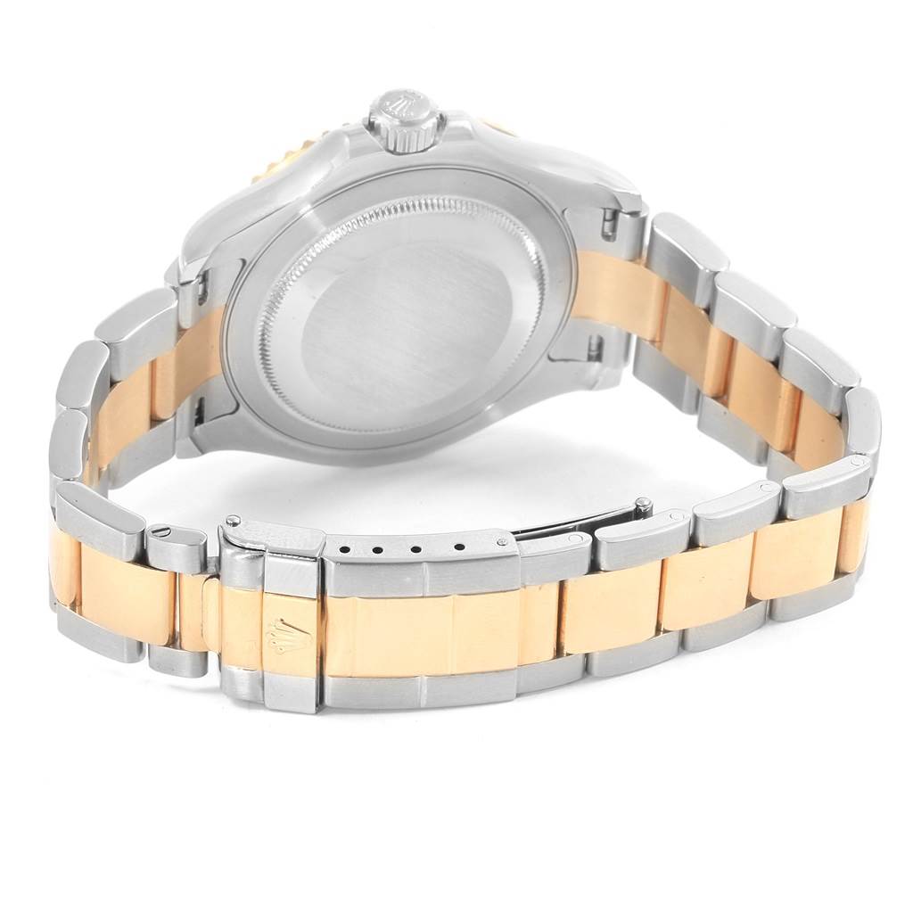 This image shows the Rolex Yacht-Master 16623 Men's Stainless Steel Blue Dial 16623 Men's Stainless Steel Blue Dial watch from the back, highlighting the case back, crown, and two-tone bracelet.