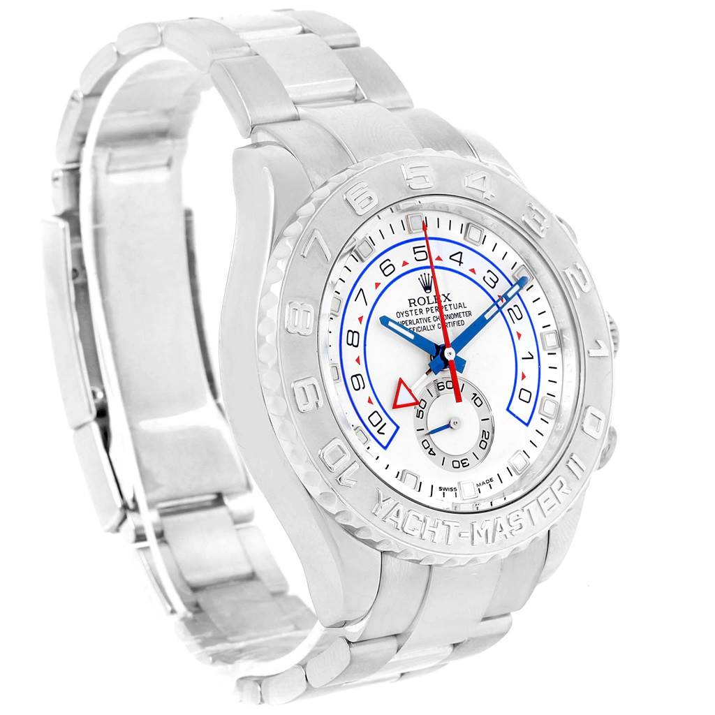 The image shows a front angle of the Rolex Yacht-Master 116689 Men's White Gold White Dial 116689 Men's White Gold White Dial watch, highlighting its bezel, dial, and bracelet.