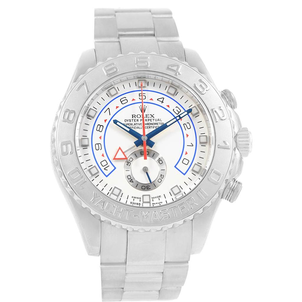The image shows a front view of a Rolex Yacht-Master 116689 Men's White Gold White Dial 116689 Men's White Gold White Dial II watch, displaying the full dial, bezel, and bracelet.