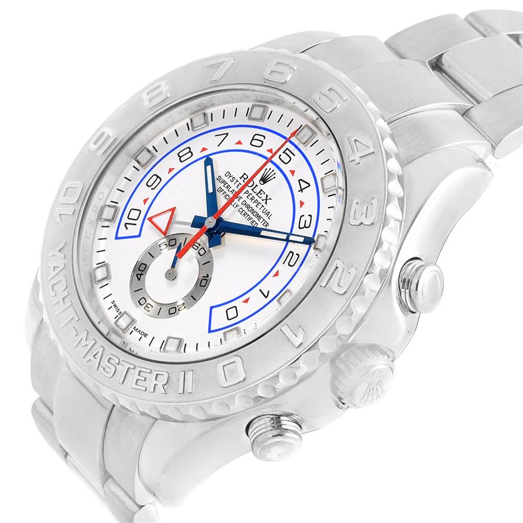 The image shows the Rolex Yacht-Master 116689 Men's White Gold White Dial 116689 Men's White Gold White Dial watch from a three-quarter angle, highlighting the dial, bezel, crown, and bracelet.