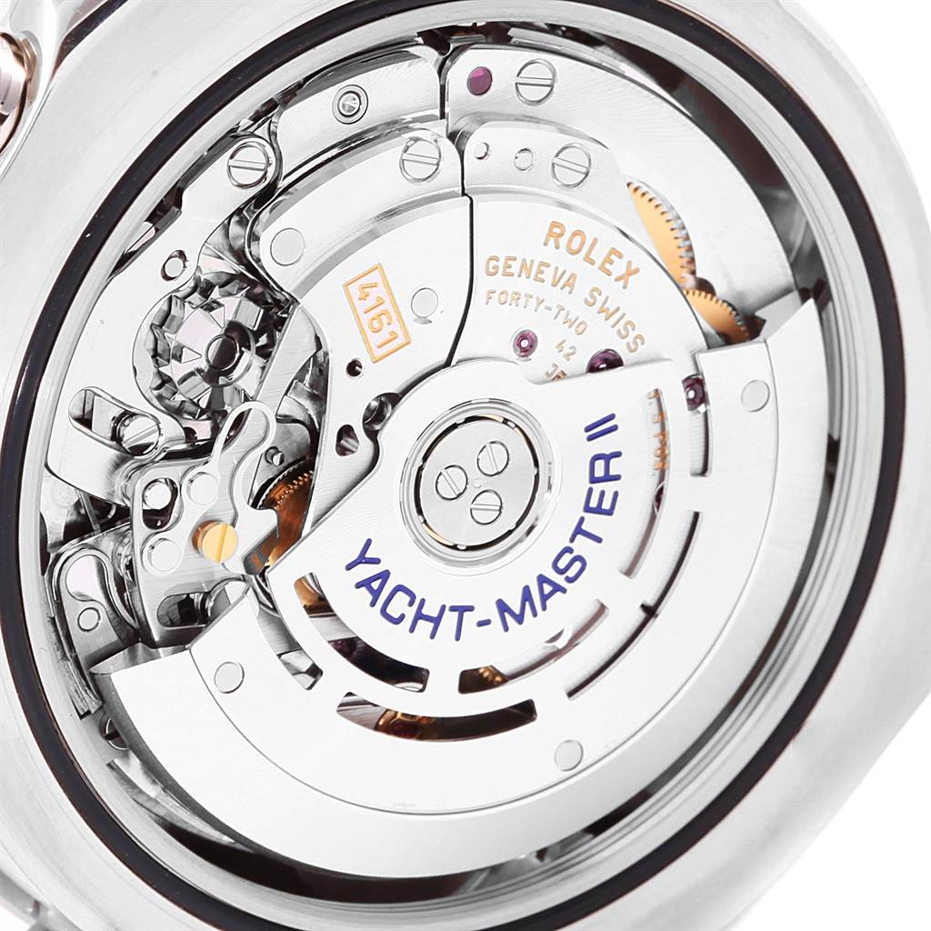 This close-up image shows the intricate movement mechanism of the Rolex Yacht-Master 116689 Men's White Gold White Dial 116689 Men's White Gold White Dial II watch.