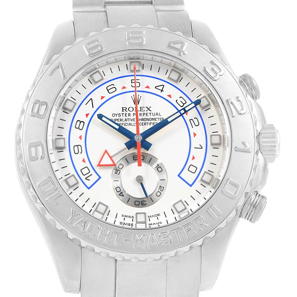 The Rolex Yacht-Master 116689 Men's White Gold White Dial 116689 Men's White Gold White Dial watch is shown from the front, displaying its white dial, hands, markers, and stainless steel bezel and bracelet.
