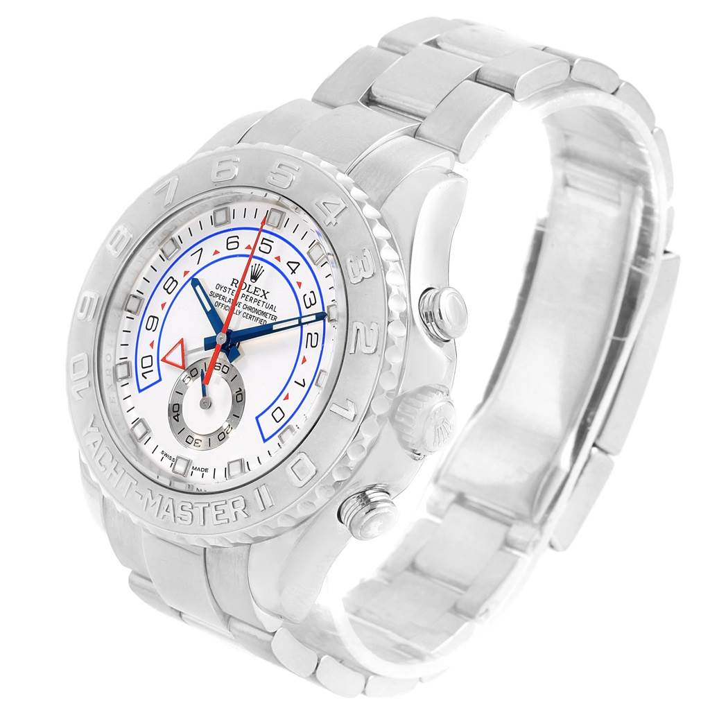 The Yacht-Master Rolex watch is shown at a slight angle, displaying the dial, bezel, crown, and bracelet.