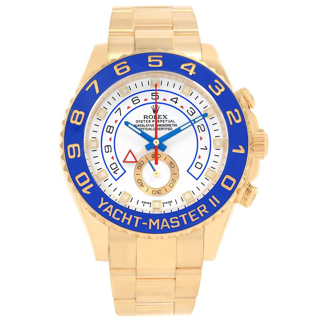 This image shows a front view of the Rolex Yacht-Master 116688 Men's Yellow Gold White Dial 116688 Men's Yellow Gold White Dial II watch, highlighting its bezel, dial, and bracelet.