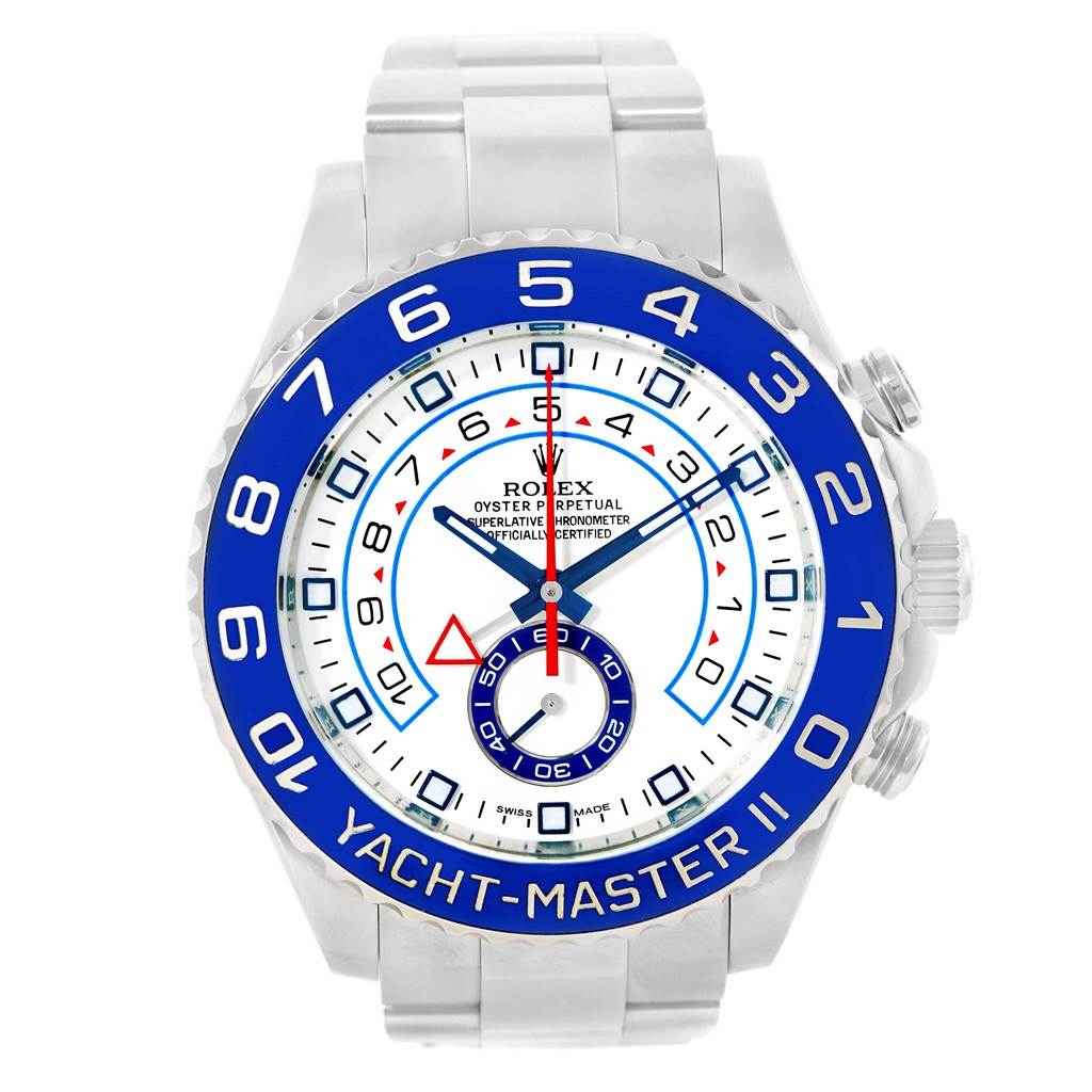 The Rolex Yacht-Master 116680 Men's Stainless Steel White Dial 116680 Men's Stainless Steel White Dial watch is shown from a front-facing angle, highlighting the dial, bezel, and bracelet links.