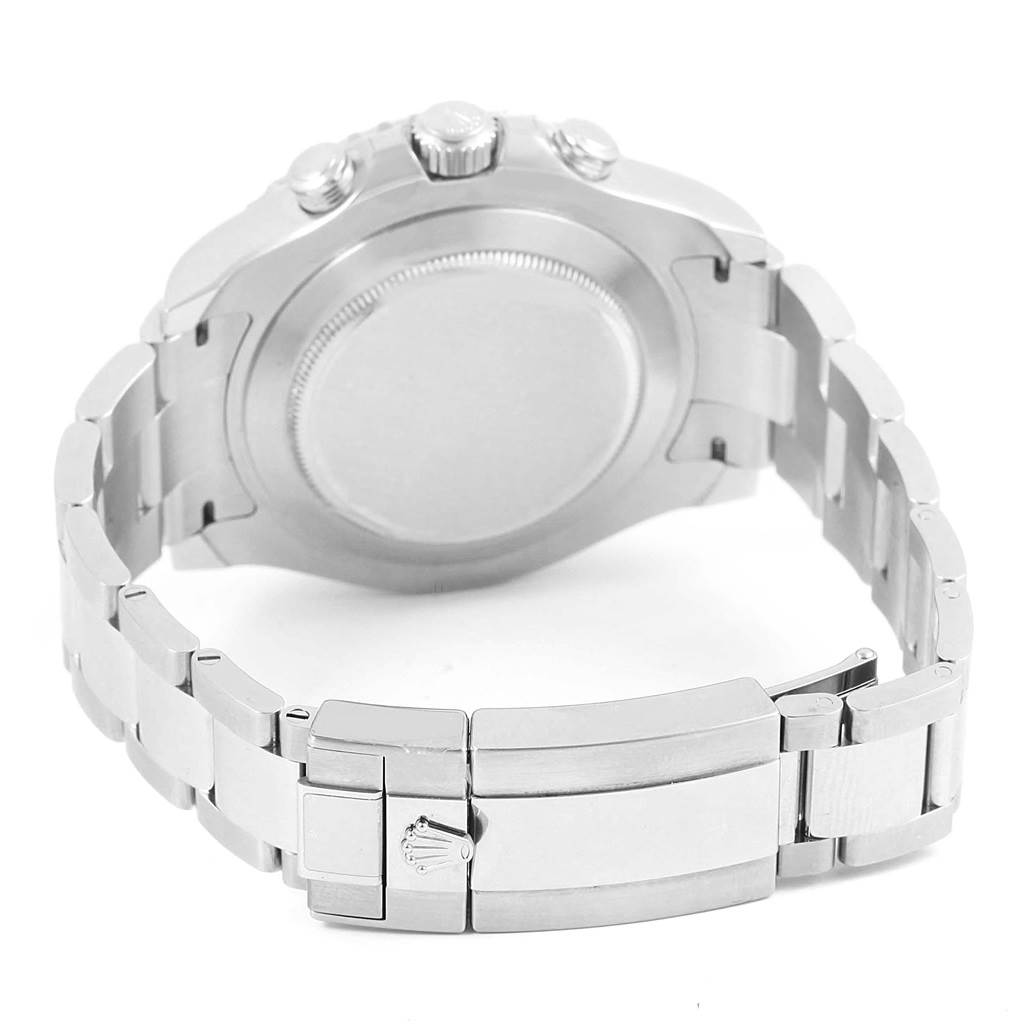 This image shows the back view of the Rolex Yacht-Master 116680 Men's Stainless Steel White Dial 116680 Men's Stainless Steel White Dial watch, highlighting its clasp and links.