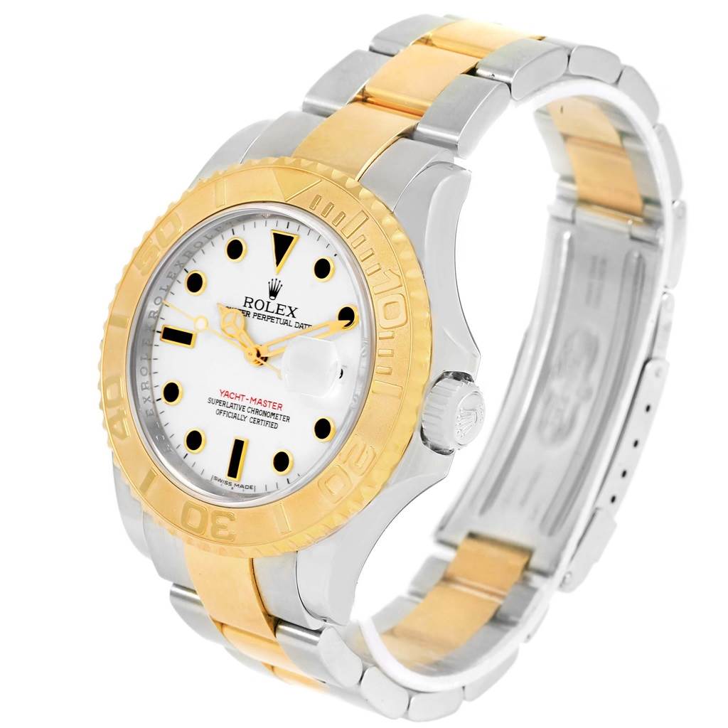 The image shows a Rolex Yacht-Master 16623 Men's Stainless Steel White Dial 16623 Men's Stainless Steel White Dial watch at an angle highlighting the dial, bezel, and part of the bracelet.