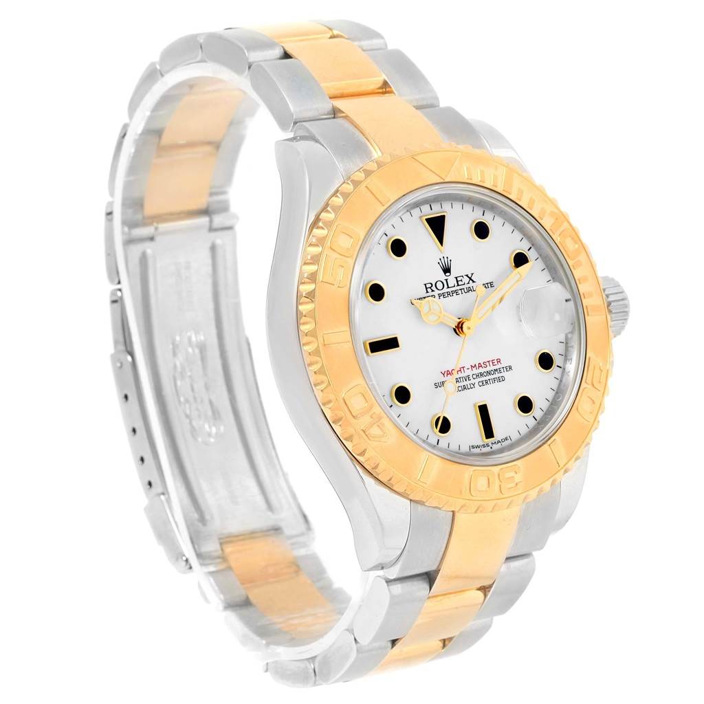 The Rolex Yacht-Master 16623 Men's Stainless Steel White Dial 16623 Men's Stainless Steel White Dial watch is shown at an angled view, displaying the dial, bezel, and part of the bracelet.