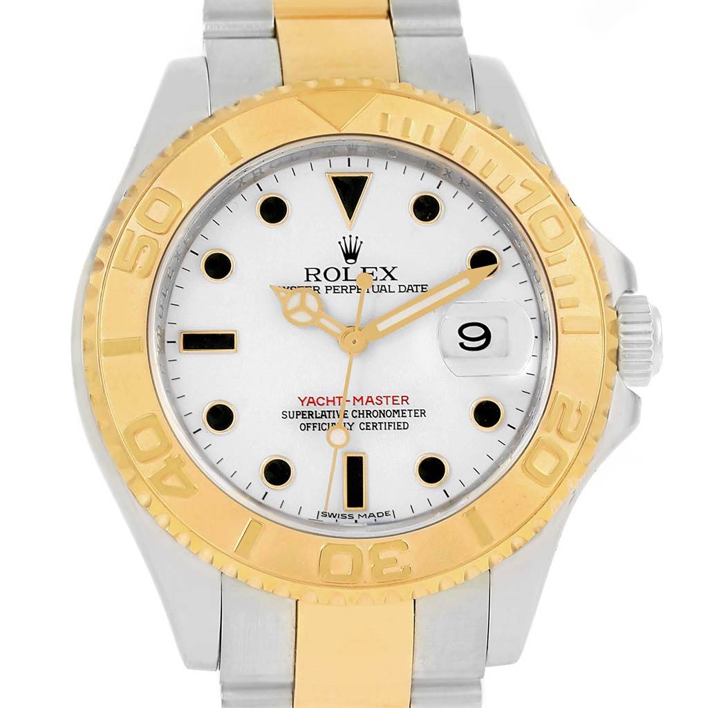 The image shows a front view of the Rolex Yacht-Master 16623 Men's Stainless Steel White Dial 16623 Men's Stainless Steel White Dial watch, highlighting the dial, bezel, and part of the bracelet.