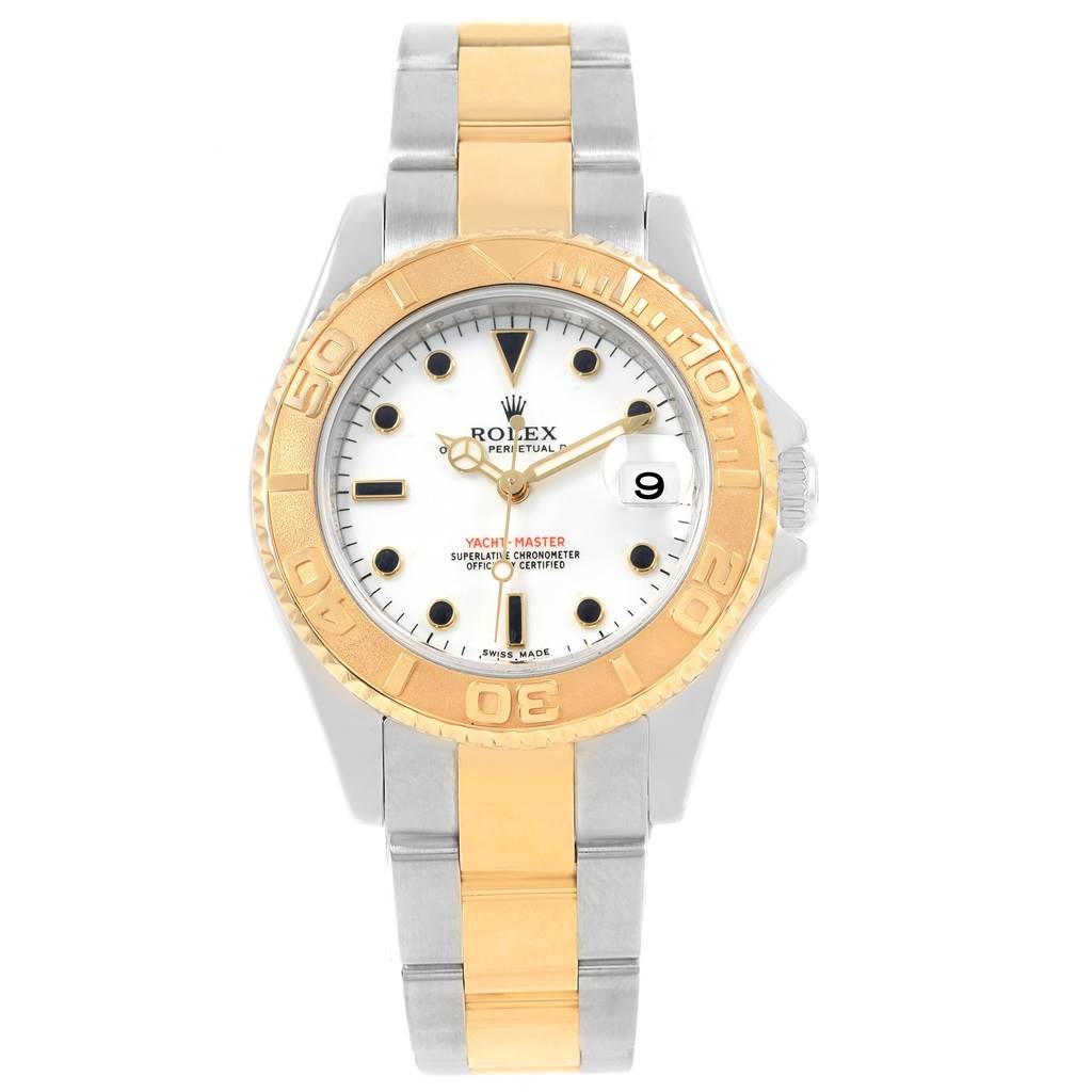 The image shows a front view of the Rolex Yacht-Master 168623 Steel and Gold (two tone) White Dial 168623 Steel and Gold (two tone) White Dial watch, highlighting its dial, bezel, and bracelet.