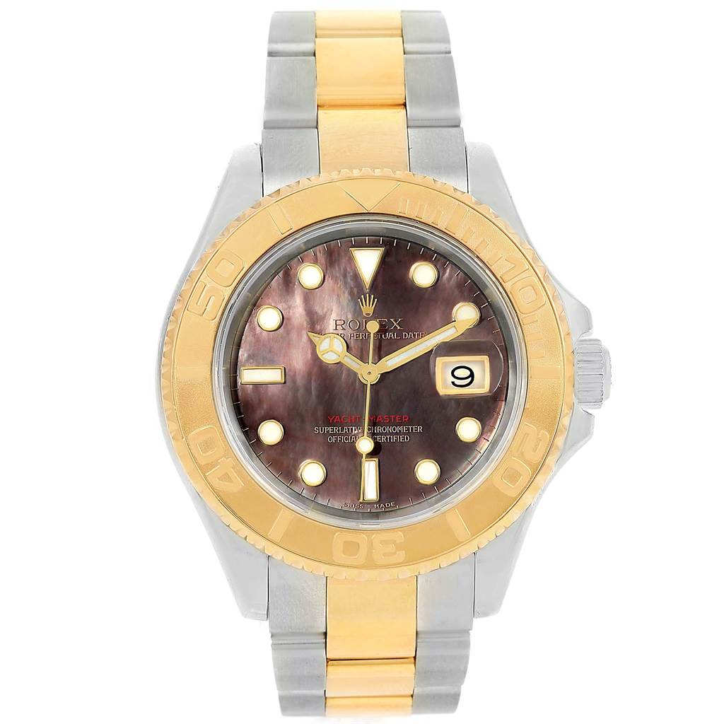 This Rolex Yacht-Master 16623 Men's Stainless Steel Mother of Pearl Dial 16623 Men's Stainless Steel Mother of Pearl Dial watch is shown from the front, displaying the dial, bezel, and two-tone bracelet.