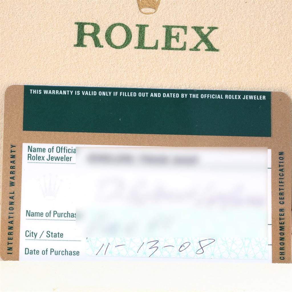The image shows a close-up of the warranty card for the Rolex Yacht-Master 16623 Men's Stainless Steel Mother of Pearl Dial 16623 Men's Stainless Steel Mother of Pearl Dial model.
