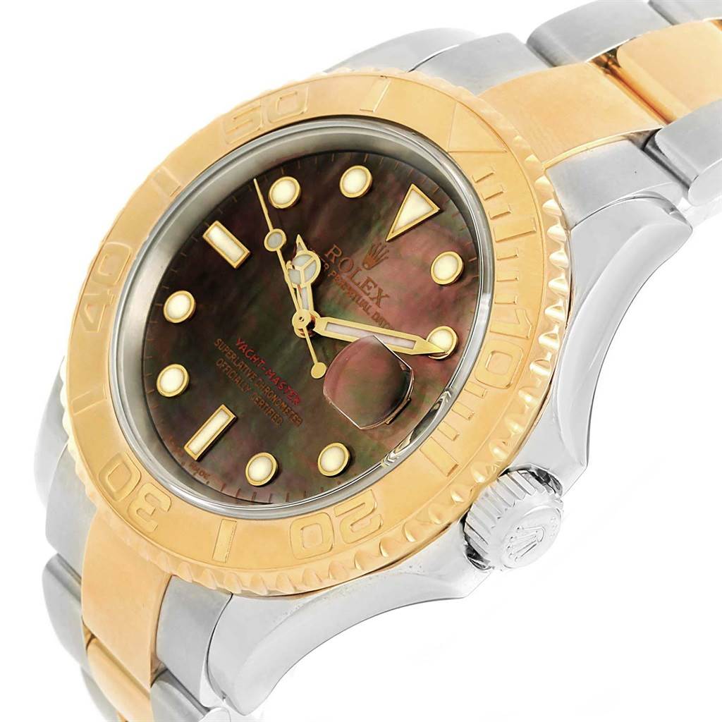 The image shows a close-up angled view of the Rolex Yacht-Master 16623 Men's Stainless Steel Mother of Pearl Dial 16623 Men's Stainless Steel Mother of Pearl Dial watch, displaying the face, bezel, and part of the bracelet.