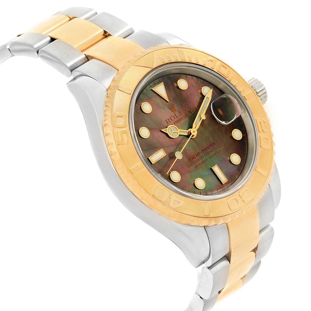 The Rolex Yacht-Master 16623 Men's Stainless Steel Mother of Pearl Dial 16623 Men's Stainless Steel Mother of Pearl Dial watch is shown at an angled view, displaying the face, bezel, and a portion of the band.