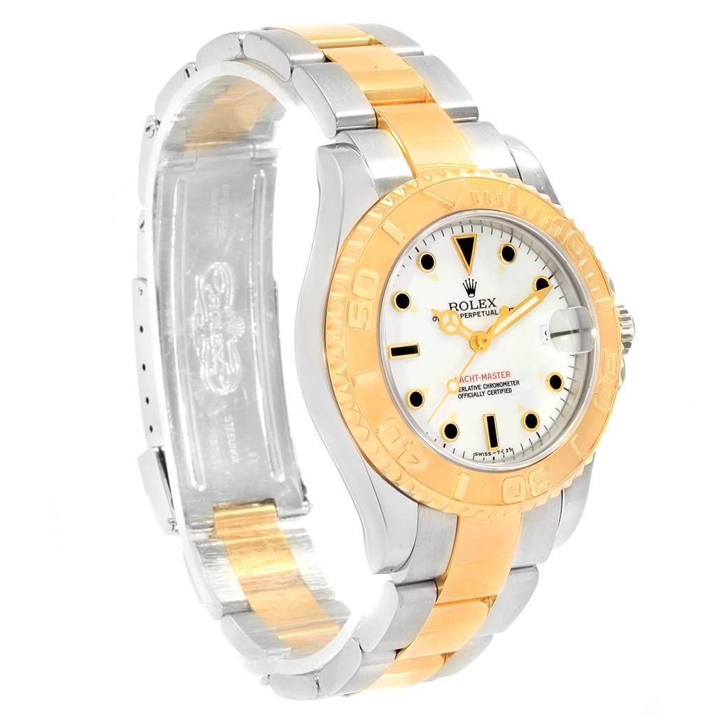 The Rolex Yacht-Master 68623 Steel and Gold (two tone) White Dial 68623 Steel and Gold (two tone) White Dial watch is shown from an angled side view, highlighting its dial, bezel, and two-tone bracelet.