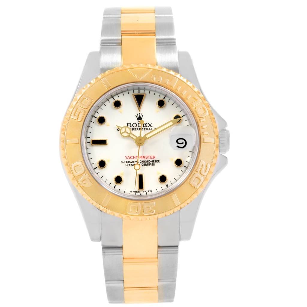 This image shows a Rolex Yacht-Master 68623 Steel and Gold (two tone) White Dial 68623 Steel and Gold (two tone) White Dial watch from a front angle, displaying the face, bezel, and bracelet.