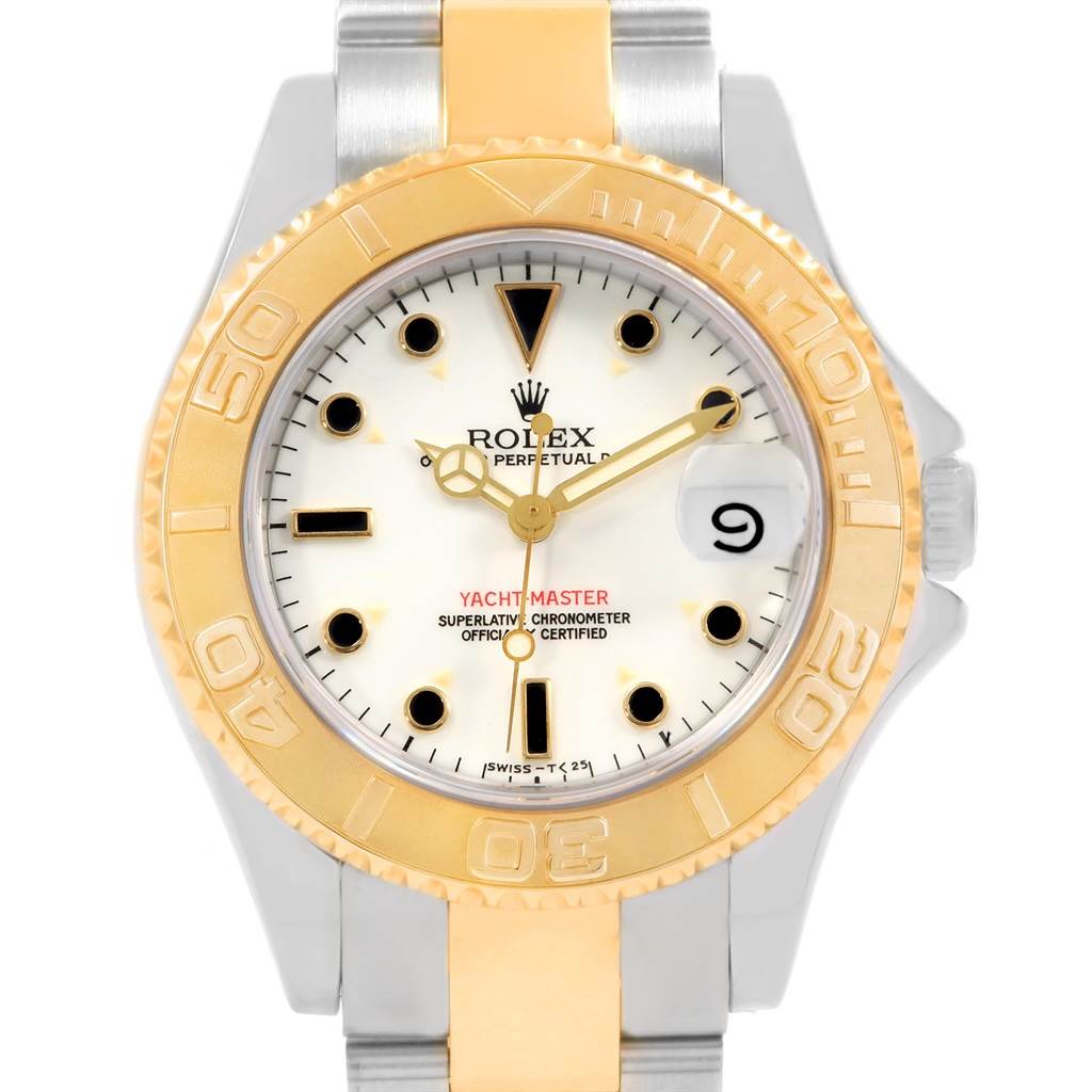 This image displays the Yacht-Master model by Rolex face-on, showing the bezel, dial, hands, and bracelet.