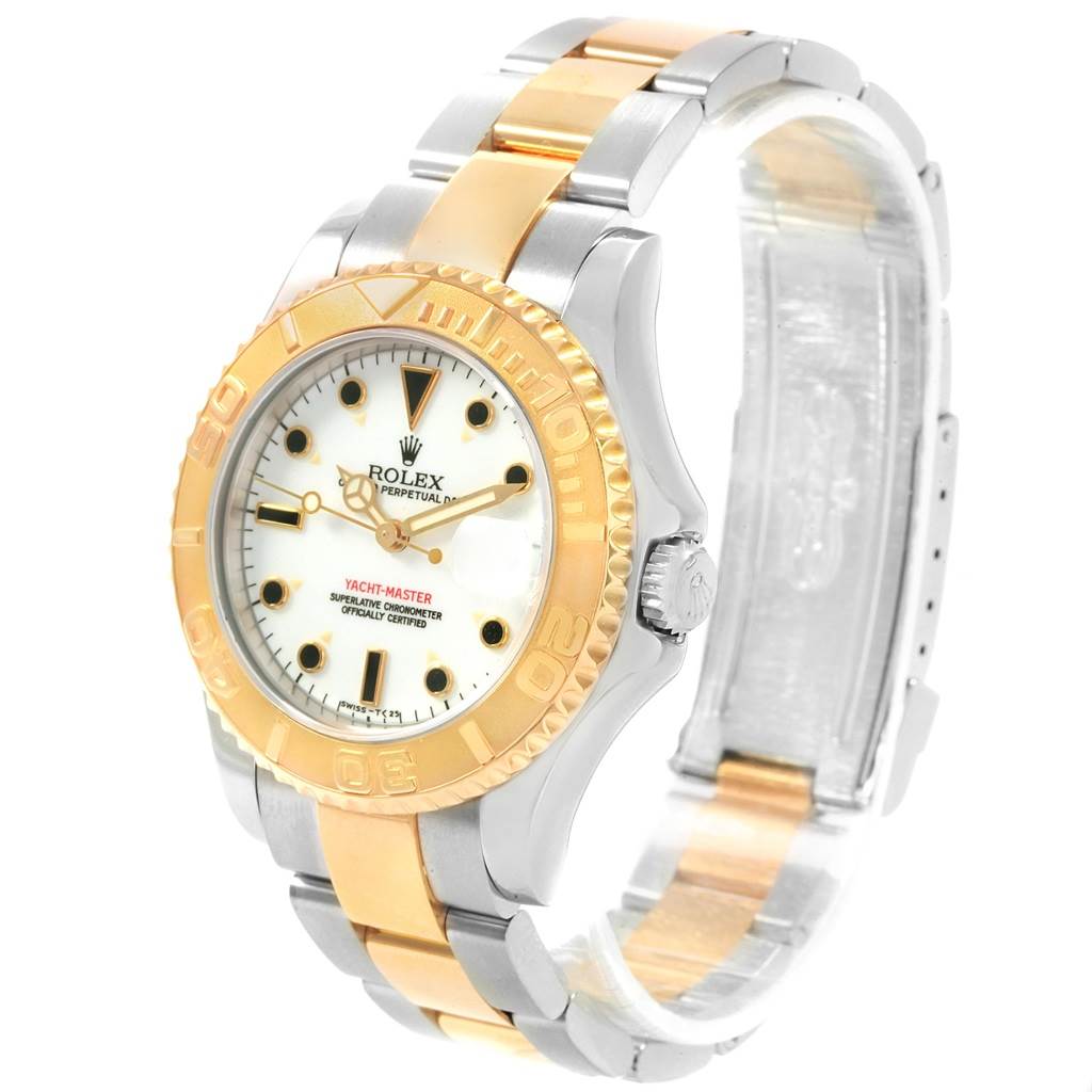 The Rolex Yacht-Master 68623 Steel and Gold (two tone) White Dial 68623 Steel and Gold (two tone) White Dial watch is shown at an angled side view, highlighting its two-tone bracelet and white dial.