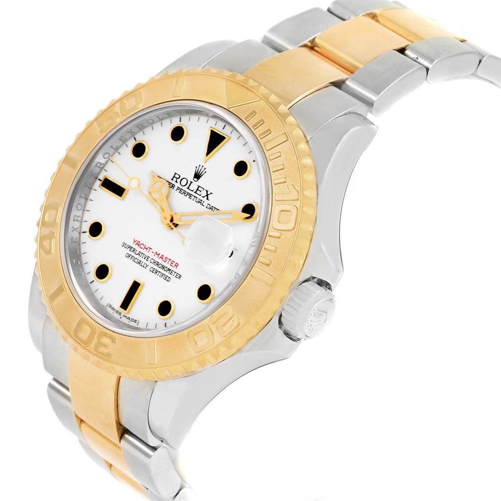 The image shows a Rolex Yacht-Master 16623 Men's Stainless Steel White Dial 16623 Men's Stainless Steel White Dial watch at a three-quarter angle, highlighting its bezel, case, dial, and bracelet.