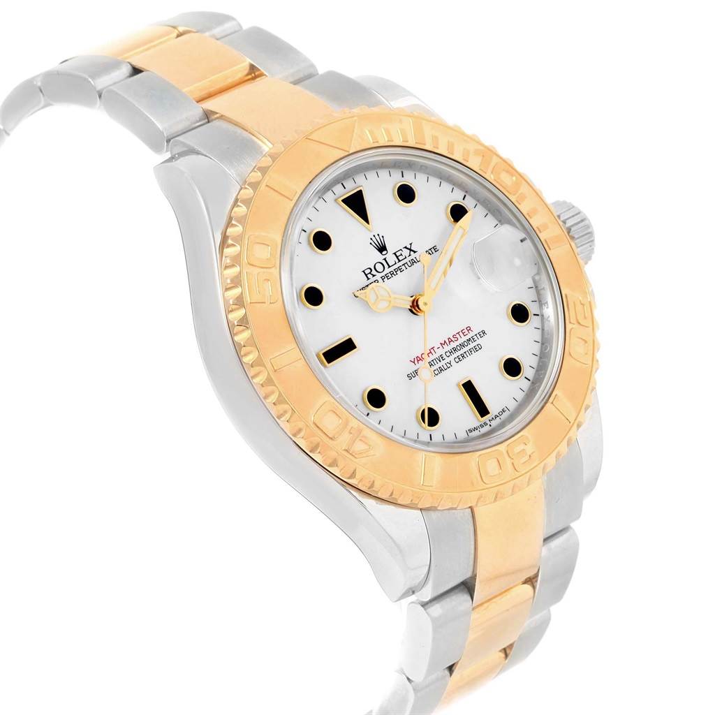 This image shows a Rolex Yacht-Master 16623 Men's Stainless Steel White Dial 16623 Men's Stainless Steel White Dial watch angled from the right side, displaying the bezel, dial, and bracelet.