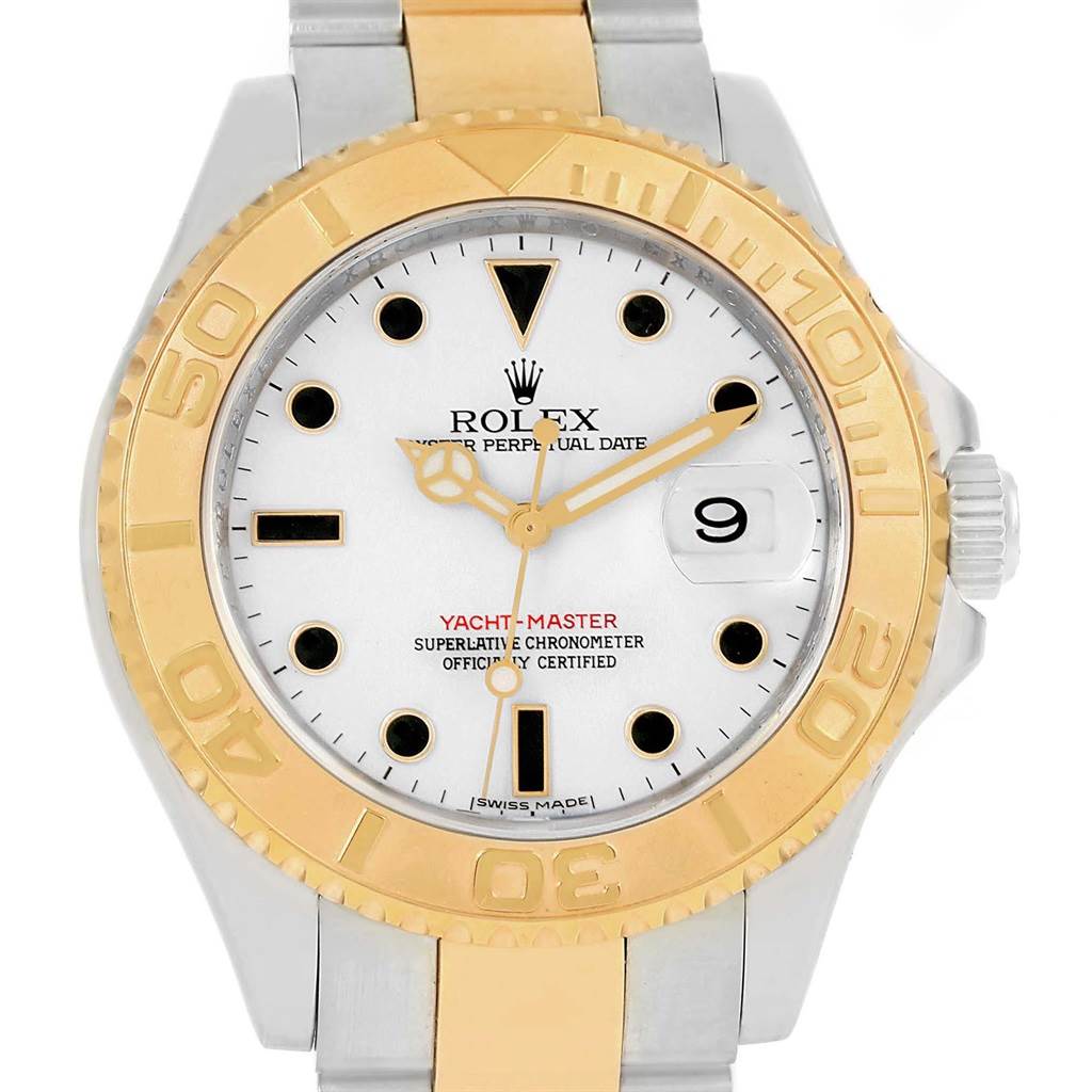 The image shows a front view of a Rolex Yacht-Master 16623 Men's Stainless Steel White Dial 16623 Men's Stainless Steel White Dial watch, highlighting its bezel, dial, hands, and bracelet.