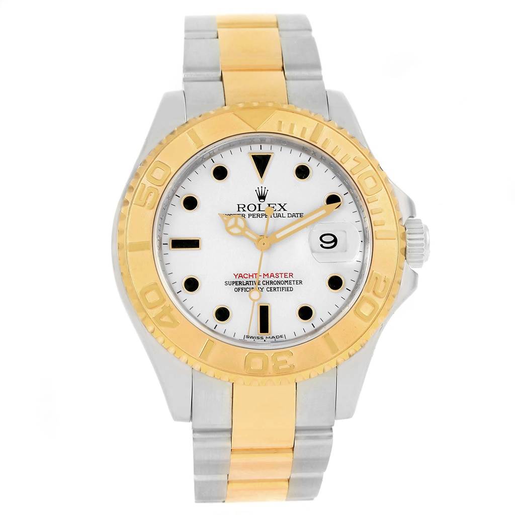 This image shows a Rolex Yacht-Master 16623 Men's Stainless Steel White Dial 16623 Men's Stainless Steel White Dial watch, front view, displaying the dial, bezel, and two-tone bracelet.