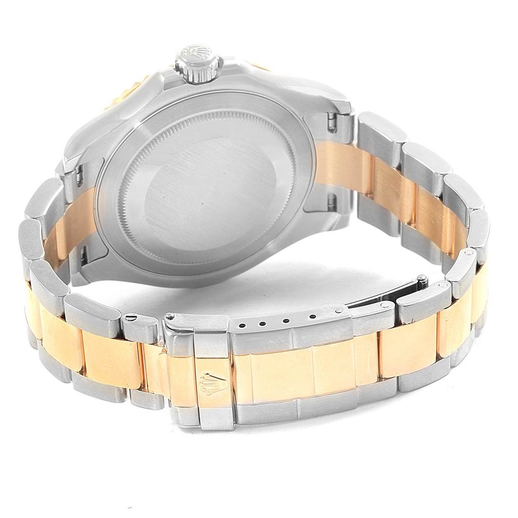 This image shows the back view and bracelet clasp of the Rolex Yacht-Master 16623 Men's Stainless Steel White Dial 16623 Men's Stainless Steel White Dial watch, highlighting the bimetallic bracelet links.