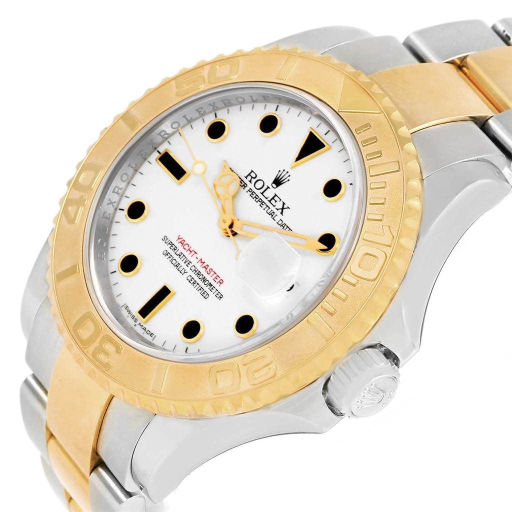 The image shows a close-up angle of the Rolex Yacht-Master 16623 Men's Stainless Steel White Dial 16623 Men's Stainless Steel White Dial, highlighting its bezel, dial, and bracelet.