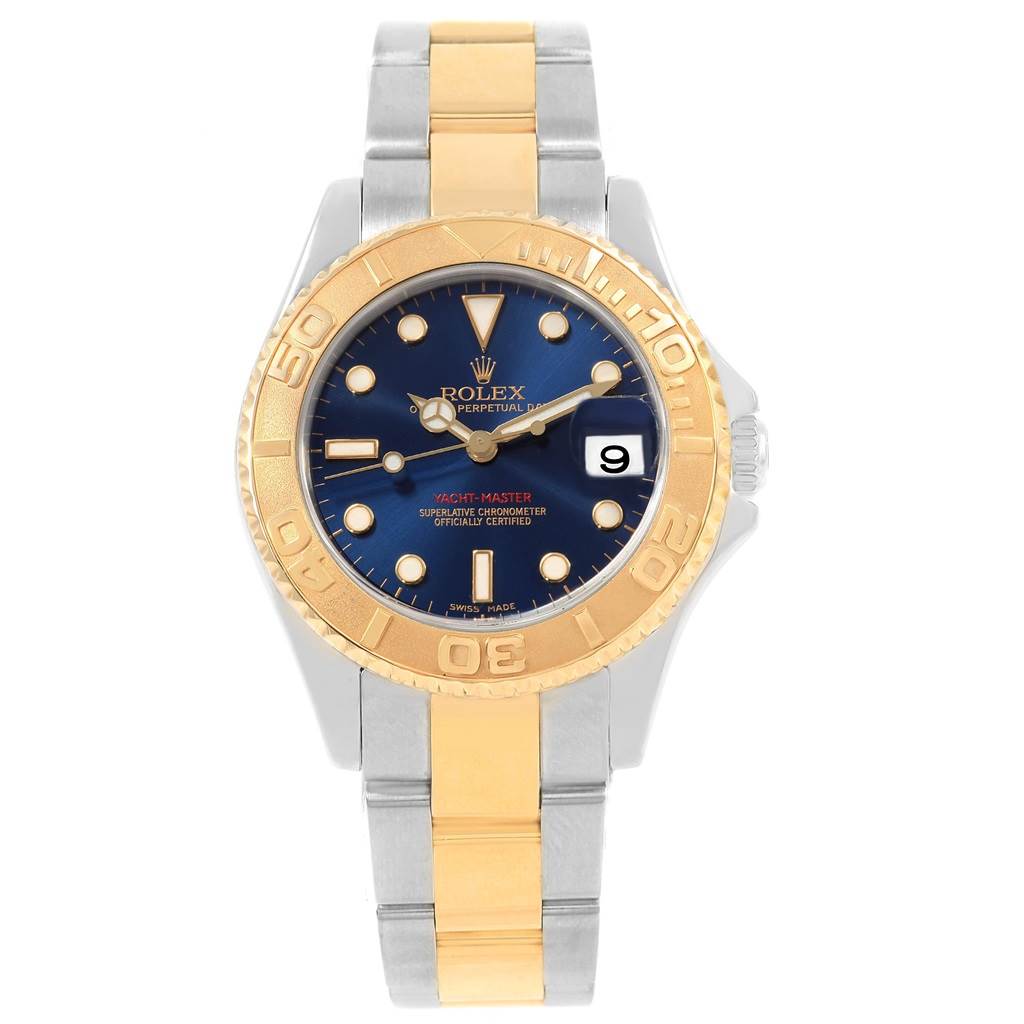 The Rolex Yacht-Master 168623 Men's Steel and Gold (two tone) Blue Dial 168623 Men's Steel and Gold (two tone) Blue Dial watch is shown from a front angle, displaying its face, bezel, and bracelet.