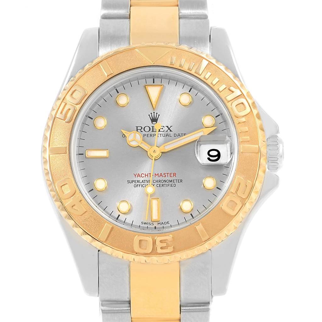 This image shows a front view of a Rolex Yacht-Master 168623 Men's Steel and Gold (two tone) Grey Dial 168623 Men's Steel and Gold (two tone) Grey Dial watch, featuring its face, bezel, and part of the band.