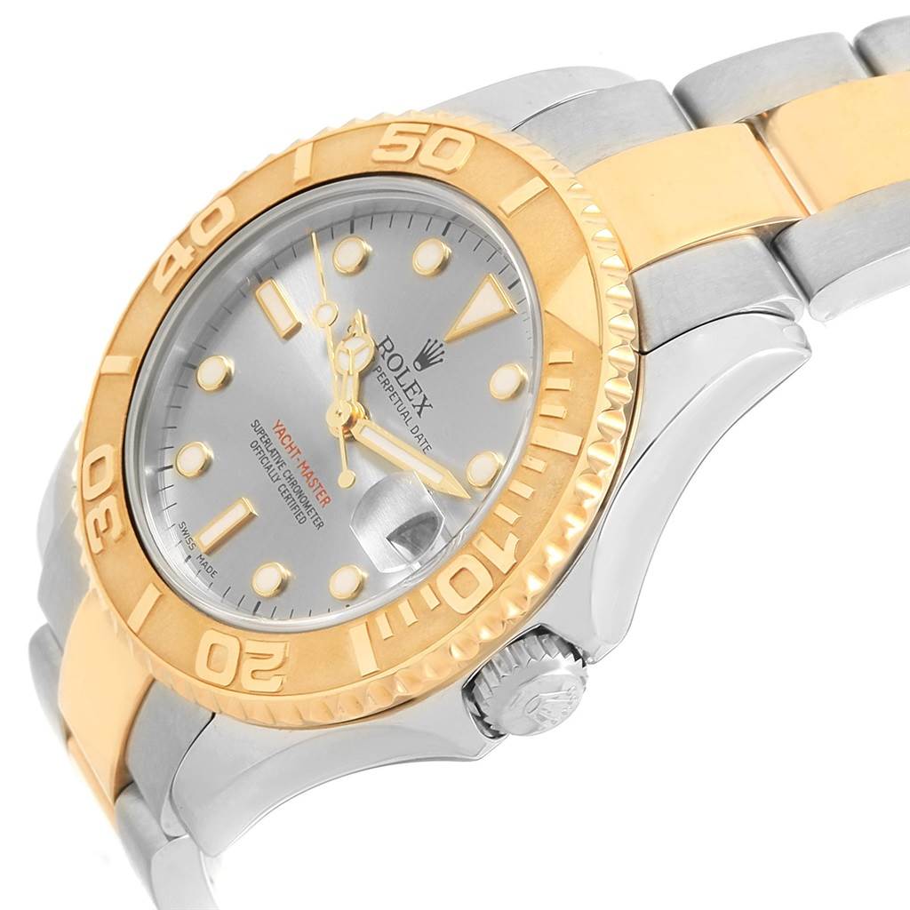 The image shows a Rolex Yacht-Master 168623 Men's Steel and Gold (two tone) Grey Dial 168623 Men's Steel and Gold (two tone) Grey Dial watch from an angled side view, displaying the face, bezel, crown, and part of the bracelet.
