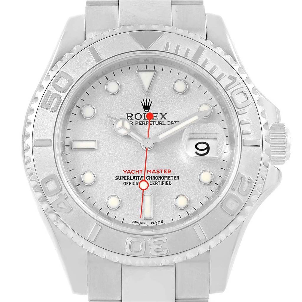 This image shows a frontal view of the Rolex Yacht-Master 16622 Men's Stainless Steel Silver Dial 16622 Men's Stainless Steel Silver Dial watch featuring its dial, bezel, and part of the bracelet.