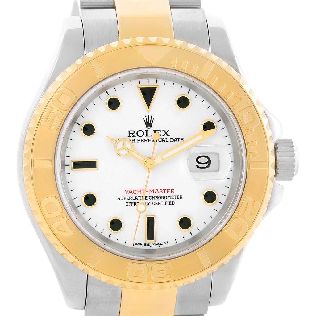 This Rolex Yacht-Master 16623 Men's Stainless Steel White Dial 16623 Men's Stainless Steel White Dial watch is shown from a front angle, highlighting its gold bezel, white dial, and bracelet.