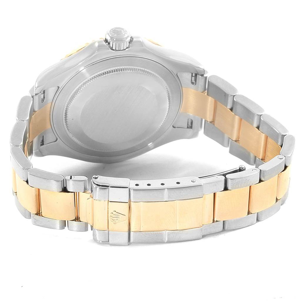 The image shows the back view of a Rolex Yacht-Master 16623 Men's Stainless Steel White Dial 16623 Men's Stainless Steel White Dial watch, displaying its case back and two-tone bracelet with the clasp.