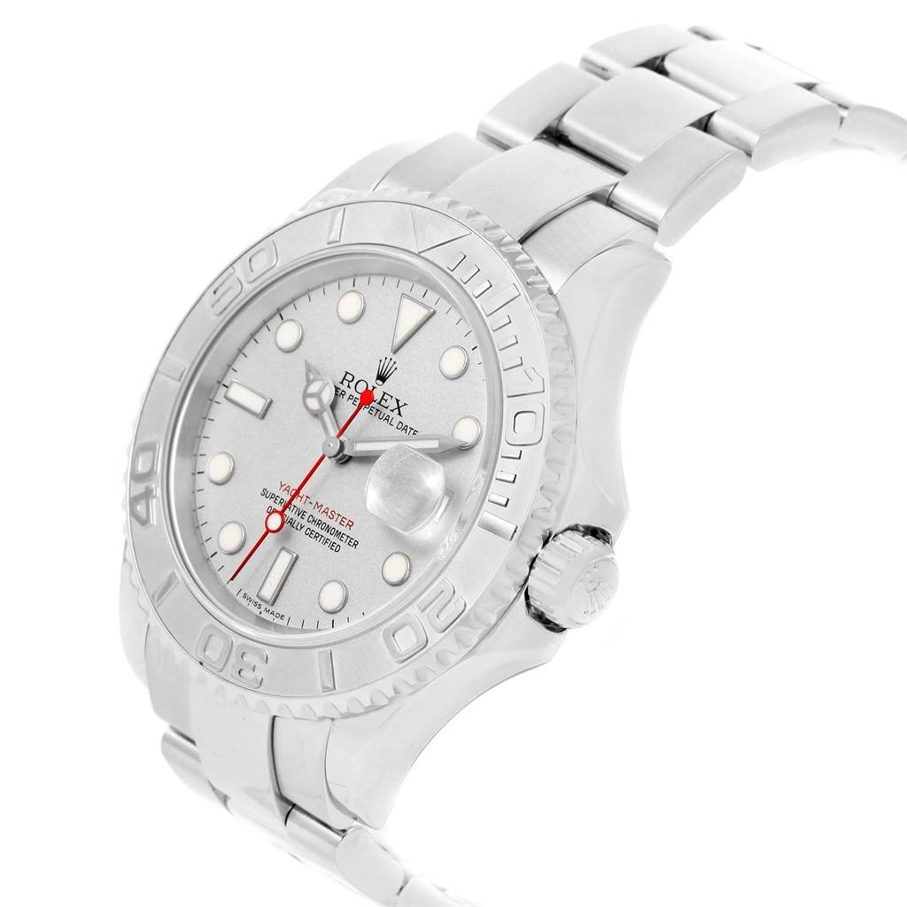 The image shows a Rolex Yacht-Master 16622 Men's Stainless Steel Silver Dial 16622 Men's Stainless Steel Silver Dial watch at an angled side view, highlighting the bezel, dial, crown, and part of the bracelet.