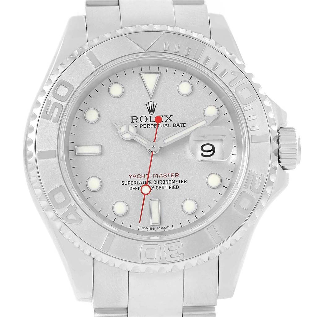 The Rolex Yacht-Master 16622 Men's Stainless Steel Silver Dial 16622 Men's Stainless Steel Silver Dial watch is shown in a front-facing angle, displaying the dial, bezel, and part of the bracelet.