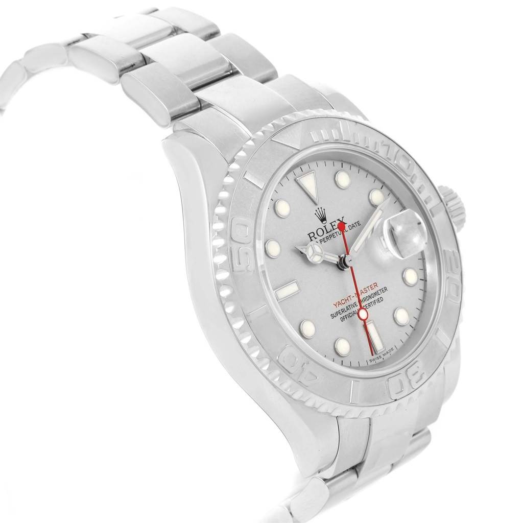 The image shows a close-up, angled view of the Rolex Yacht-Master 16622 Men's Stainless Steel Silver Dial 16622 Men's Stainless Steel Silver Dial watch, highlighting the dial, bezel, and part of the bracelet.