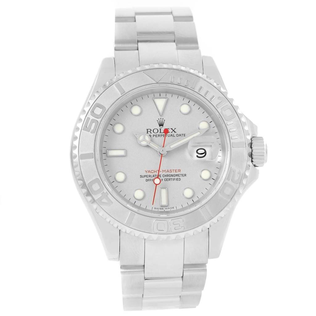 The Rolex Yacht-Master 16622 Men's Stainless Steel Silver Dial 16622 Men's Stainless Steel Silver Dial watch is shown from the front, detailing the face, bezel, and bracelet.