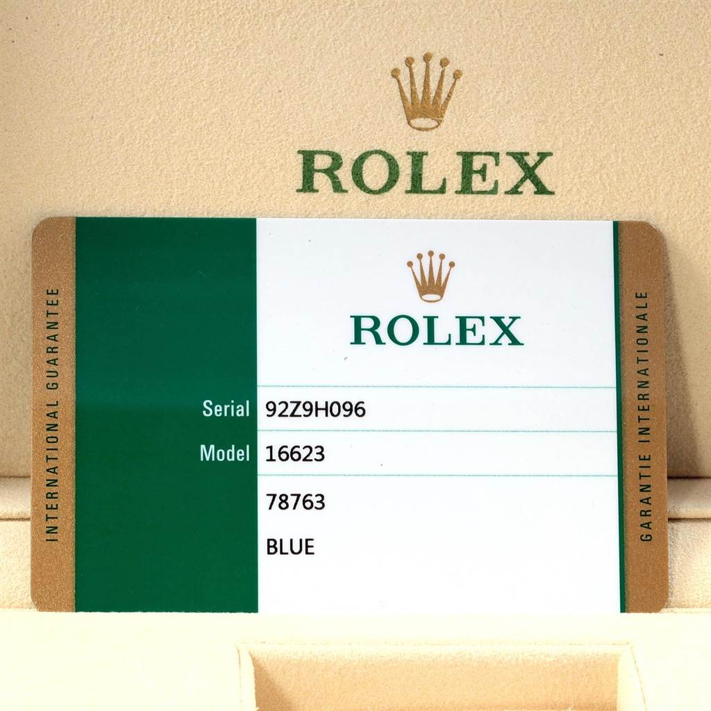 This image shows the guarantee card for the Rolex Yacht-Master 16623 Men's Stainless Steel Blue Dial 16623 Men's Stainless Steel Blue Dial model 16623.