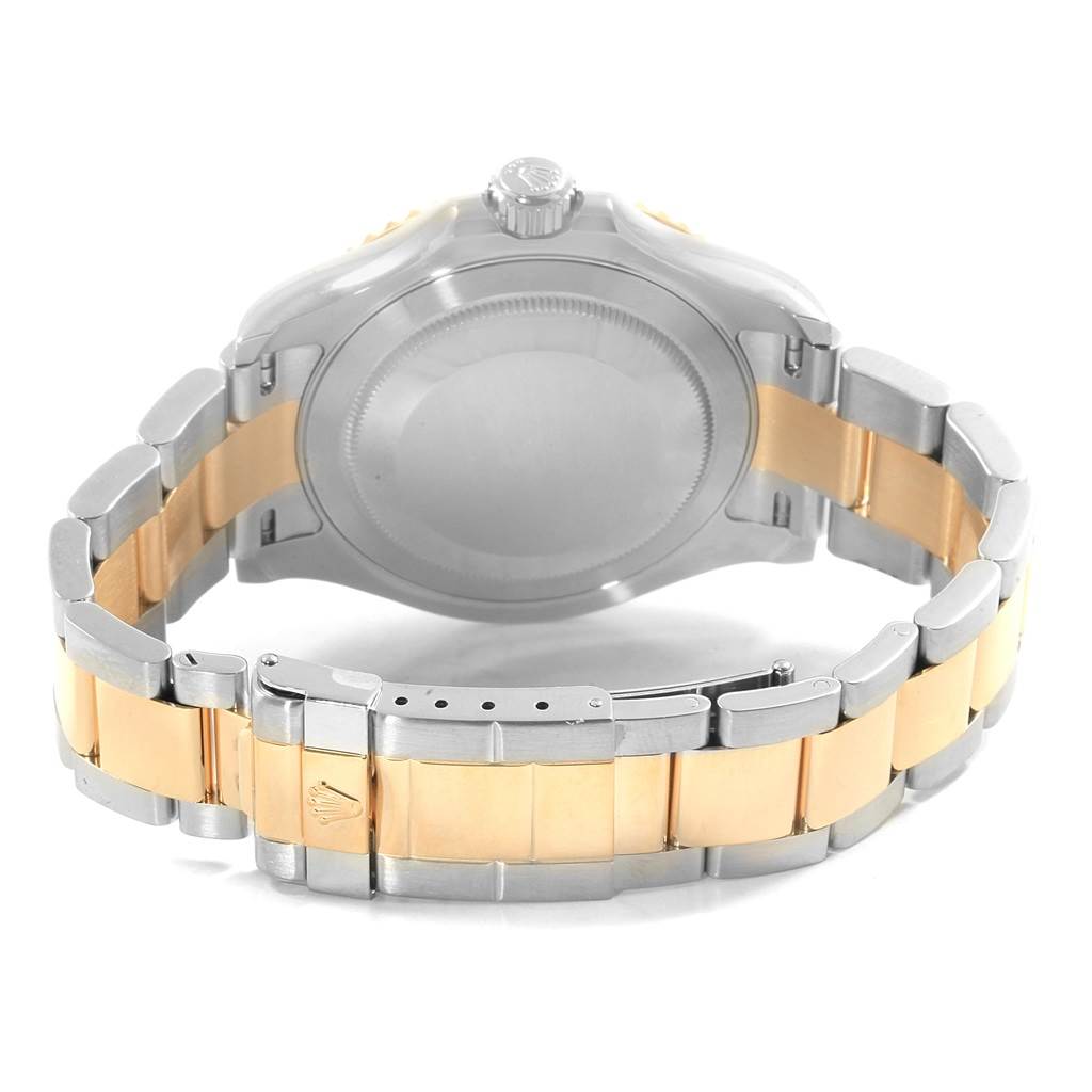 The image shows the back view of a Rolex Yacht-Master 16623 Men's Stainless Steel Blue Dial 16623 Men's Stainless Steel Blue Dial, highlighting the case back and two-tone bracelet.