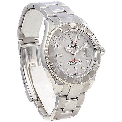 The image shows a front and side view of a Rolex Yacht-Master 16622 Men's Stainless Steel Silver Dial 16622 Men's Stainless Steel Silver Dial watch, highlighting its face, bezel, and bracelet.