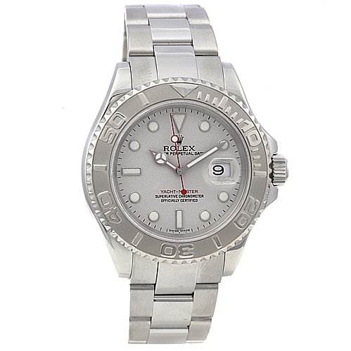 The image shows a front view of the Rolex Yacht-Master 16622 Men's Stainless Steel Silver Dial 16622 Men's Stainless Steel Silver Dial watch, including its dial, bezel, and bracelet.