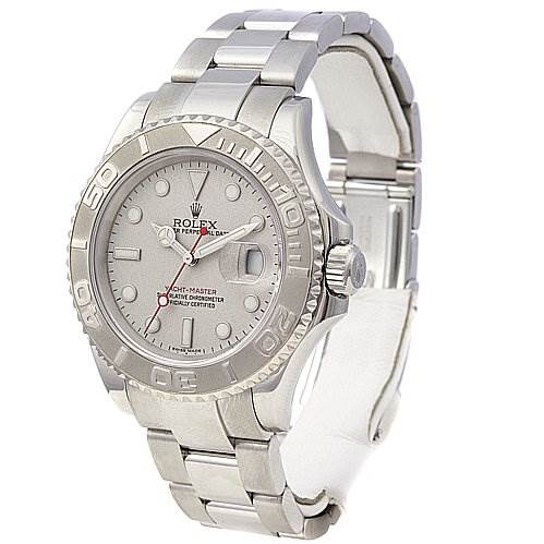 This image shows a Rolex Yacht-Master 16622 Men's Stainless Steel Silver Dial 16622 Men's Stainless Steel Silver Dial watch from an angled front view, highlighting the dial, bezel, crown, and bracelet.