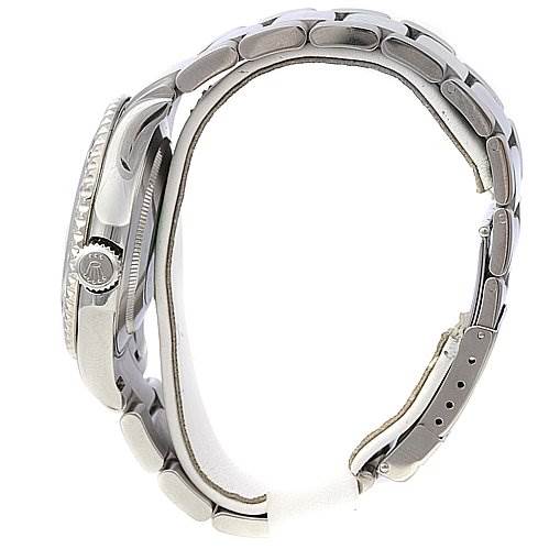 The image shows a side view of a Rolex Yacht-Master 16622 Men's Stainless Steel Silver Dial 16622 Men's Stainless Steel Silver Dial watch, highlighting the crown, bezel, and bracelet.