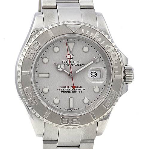 The Rolex Yacht-Master 16622 Men's Stainless Steel Silver Dial 16622 Men's Stainless Steel Silver Dial watch is shown from a front angle, displaying the dial, bezel, case, crown, and part of the bracelet.