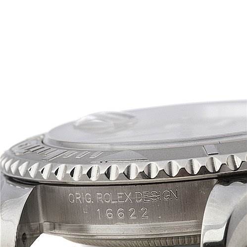 This image shows a side angle of the Rolex Yacht-Master 16622 Men's Stainless Steel Silver Dial 16622 Men's Stainless Steel Silver Dial watch, highlighting the bezel and part of the case with the model number 16622.