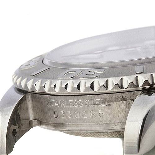 This image shows a close-up of the bezel, case, and engraved serial number of a Rolex Yacht-Master 16622 Men's Stainless Steel Silver Dial 16622 Men's Stainless Steel Silver Dial watch.